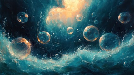 A surreal underwater scene with glowing fish and floating bubbles, the textured oil strokes creating a sense of movement and mystery.