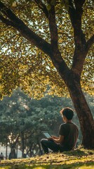 Fototapeta premium Student Enjoying Nature While Attending Online Lecture from Tablet Under Tree