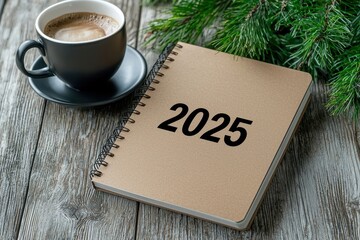 Notebook for 2025 with a cup of coffee and greenery on a rustic wooden table.