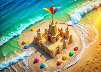 Summer Holiday Sand Castle with Flag Drone Photography for Beach Fun and Relaxation