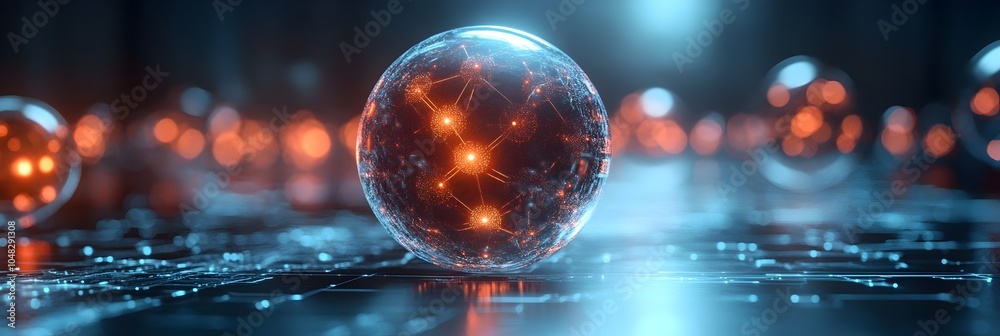 Poster Glowing sphere representing interconnected digital data and advanced technology in a futuristic,cyberpunk-inspired environment. The image conveys a sense of innovation,global connectivity.