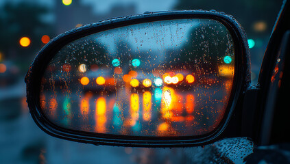 A car's rear view mirror is fogged up and blurry, with a reflection of a city street in the rain