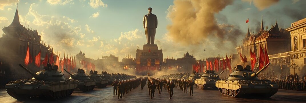 Grandiose military parade in a communist capital,with rows of goose-stepping soldiers,gleaming tanks and missile launchers,and a towering statue of a revolutionary leader.
