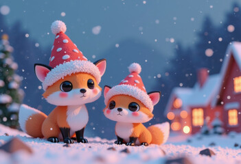 Merry Christmas mini cute foxes wear xmas hat
