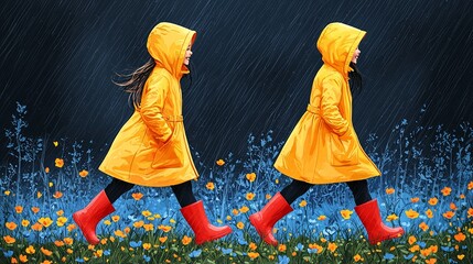Two children wearing bright yellow raincoats and red boots joyfully walk through a field of blooming flowers during a downpour, reflecting youthful exuberance.