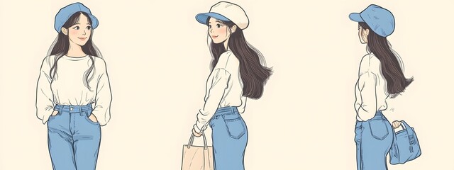 Three views of the same girl wearing blue jeans, a white long-sleeved shirt, and a beret with a bag in her hand, art