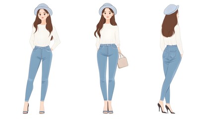 Fototapeta premium Three views of the same girl wearing blue jeans, a white long-sleeved shirt, and a beret with a bag in her hand, art