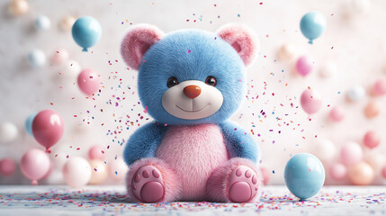 Fototapeta premium Cute blue and pink teddy bear with balloons and confetti