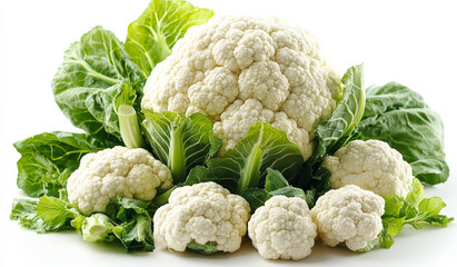 A head of cauliflower sits on a bed of green leaves. The cauliflower is surrounded by other vegetables, including a head of broccoli. The arrangement of the vegetables creates a colorful
