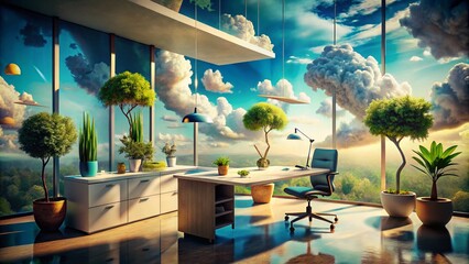 Fototapeta premium Surreal Business Corner: A Dreamlike Workspace Blending Reality and Imagination for Creative Professionals