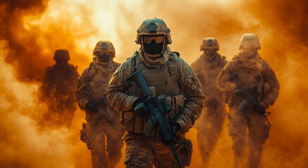 Naklejka premium A group of soldiers are standing in a desert, with one of them holding a rifle. The scene is intense and dramatic, with the soldiers looking determined and focused
