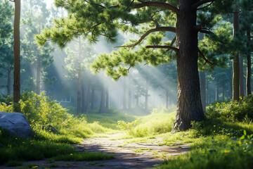 Obraz premium A serene forest scene with a path leading to a large tree