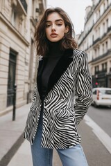 Fashionable Woman Poses in a Stylish Zebra Print Blazer and Black Turtleneck While Standing on a Parisian Street in the Afternoon Sun