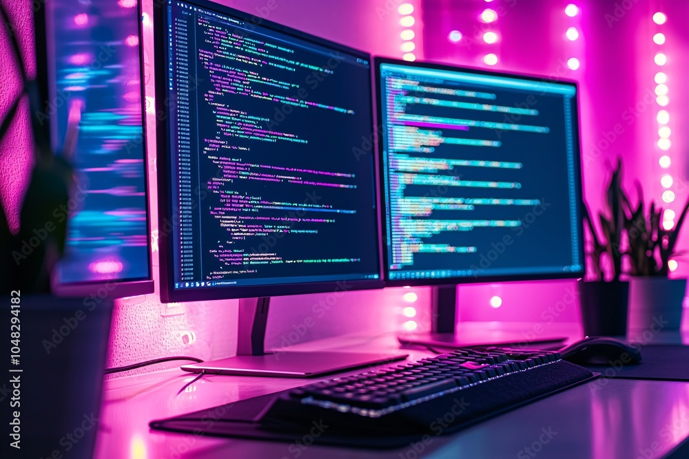 Poster neon-lit workspace with dual monitors showing responsive web design, coding environment, modern deve