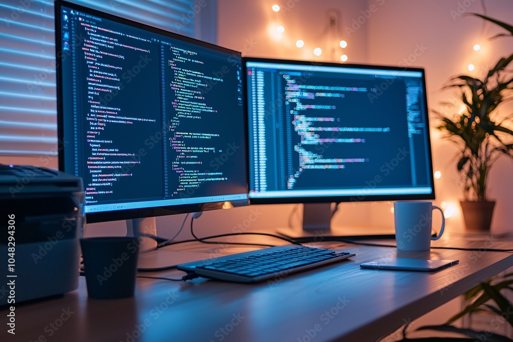 Poster neon-lit workspace with dual monitors showing responsive web design, coding environment, modern deve
