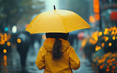 A woman wearing a yellow raincoat is holding an umbrella. The scene is set in a rainy city street with people walking around. Scene is gloomy and wet, as the rain pours down on the city