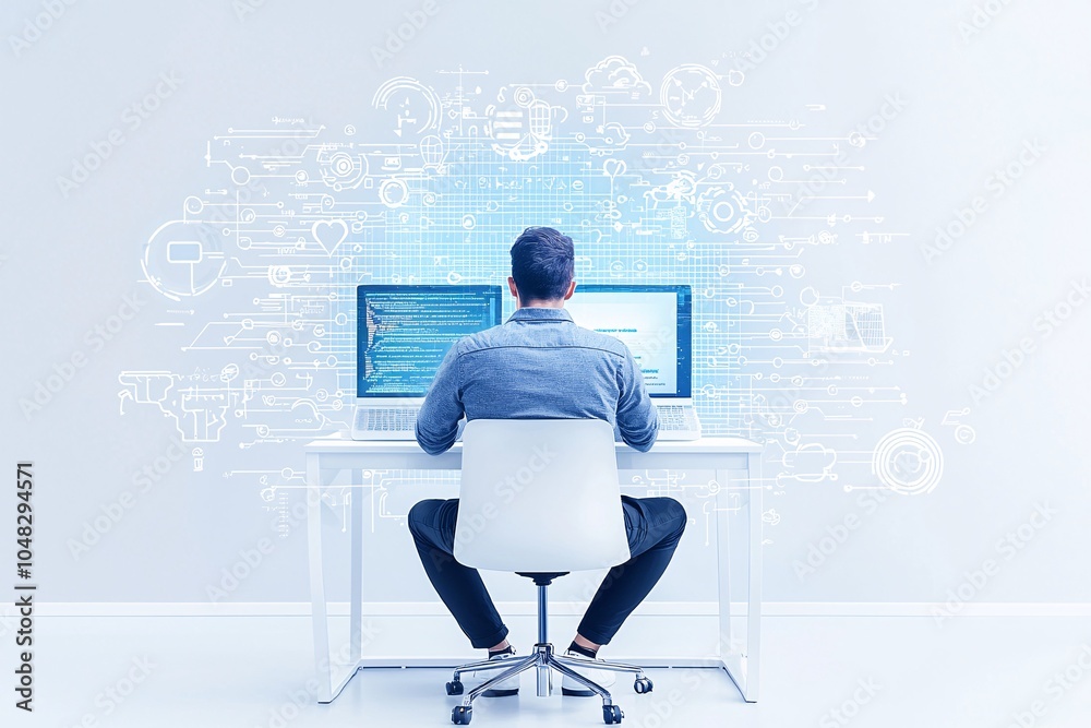 Poster full-stack developer working on cloud integration, coding in the background, modern software develop
