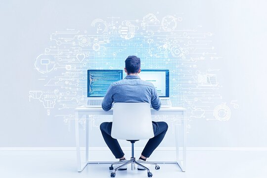 Full-stack developer working on cloud integration, coding in the background, modern software development process.