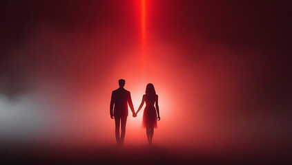 Fototapeta premium red backlit couple ya paranormal fantasy surrounded mist glowing light