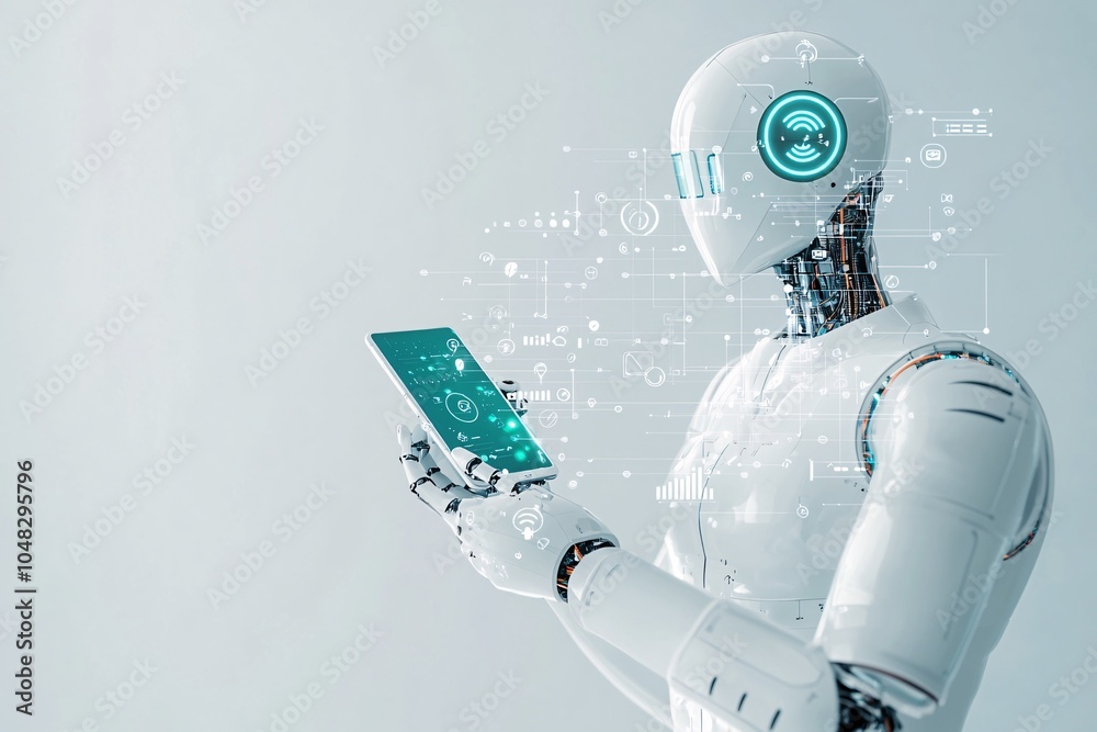 Poster virtual assistant helping in website navigation on a mobile device, ai integration in web design, mo
