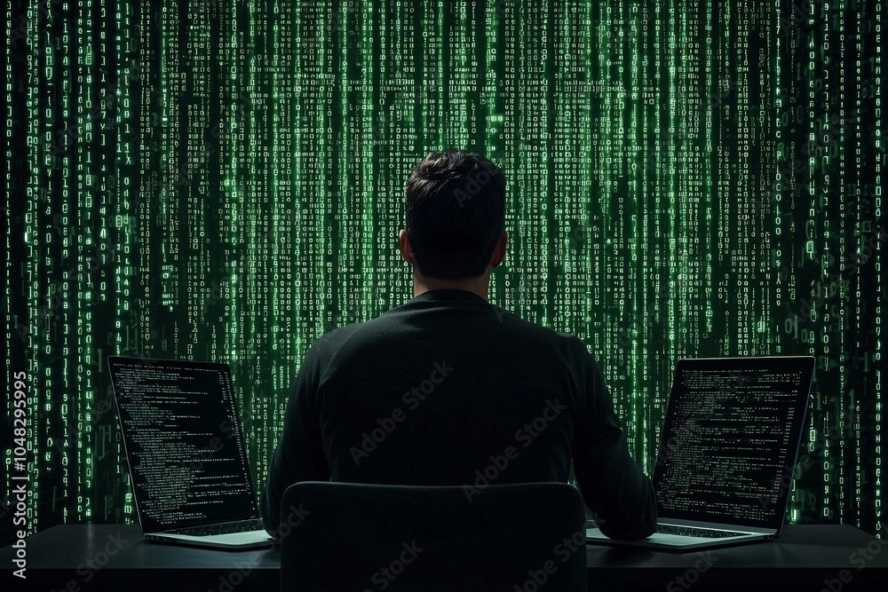 Poster developer writing html code with a green matrix-style background, hacker-like aesthetic, advanced co