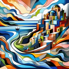 Abstract composition of a Greek island. Vibrant abstract geometric pop art illustration.