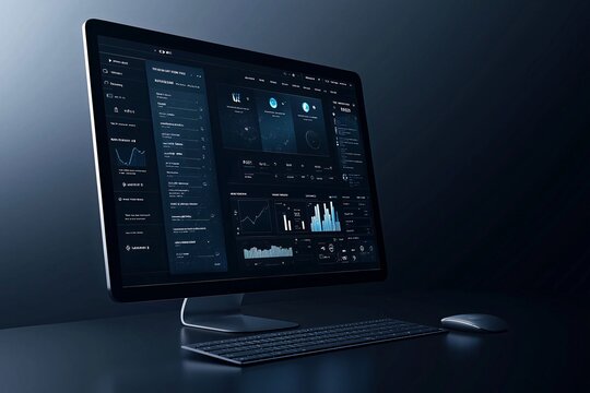 Dark mode website layout with glowing elements, trendy web design aesthetic, modern UI/UX concept.