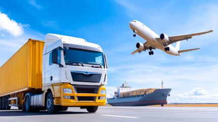 A large yellow truck is driving on a road next to a large white airplane. The truck is carrying a large container and the airplane is flying in the sky. Concept of transportation and movement