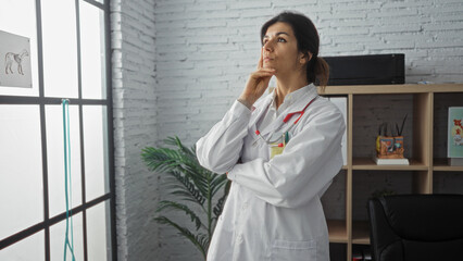 Fototapeta premium Hispanic, brunette, woman, veterinary, doctor, thinking in a clinic room with a chart and stethoscope.