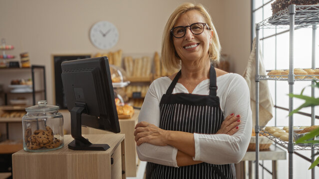 Woman smiling in bakery shop with arms crossed and wearing apron in front of counter with cookies jar and computer monitor, bread shelves in background
