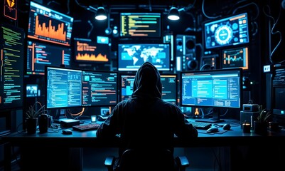 Portrait of a hooded hacker in a dark room full of screens and computers