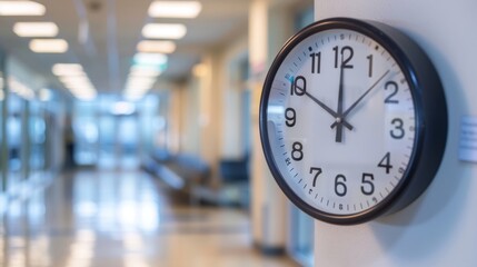 Clock shows almost ten o'clock in a blurred hospital hallway, emphasizing the importance of time in a medical setting