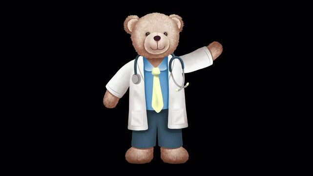 Teddy Bear Doctor Animation Explaining with Hand Gestures | Cute Medical Character for Education, wiggle, rig | 2D Motion Graphics, Transparent Background Alpha channel