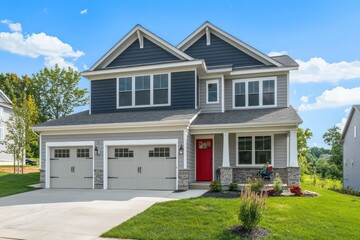 Obraz premium Modern residence with vinyl siding and a bright red door in the suburbs.