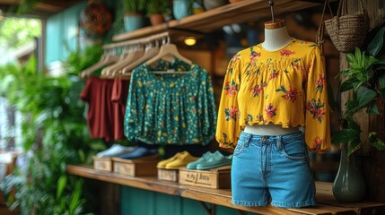 Obraz premium A sustainable fashion brand's product line, featuring clothing made from organic cotton, hemp, and recycled fabrics, displayed on eco-friendly mannequins