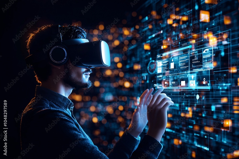 Poster virtual reality scene of a user building a website in a 3d environment, immersive web development co