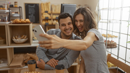 Couple smiling and taking a selfie together inside a cozy bakery with pastries and coffee on the table