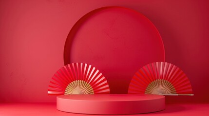 Red and Gold Minimalist Background with Fans