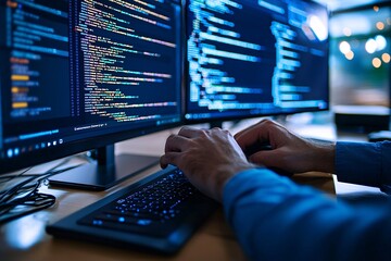 Programmer integrating API with website on a dual monitor setup, efficient web development process, advanced coding.