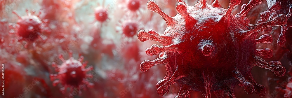 Poster microscopic view of abstract red or pink coronavirus cells,molecules or microorganisms structure tex