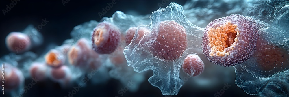 Fototapete Microscopic View of Cells and Bacteria Structure Magnified under a Microscope. Abstract Scientific Background of Microorganisms and Medical or Healthcare Concept.