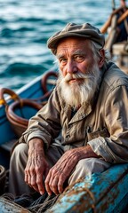 Obraz premium Close-up of a veteran fisherman in his typical Mediterranean fishing boat