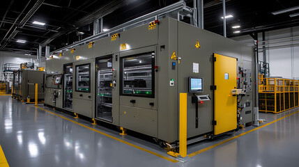 High-speed printing machinery with automated controls printing colorful designs in a modern press room