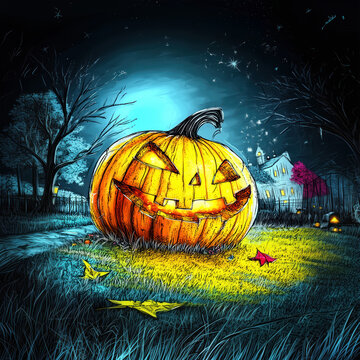 A cartoon drawing of a Halloween pumpkin with its mouth open, in the background the dark night with a haunted house and a tree stretching its branches towards the sky.  The art style is pencil, colour