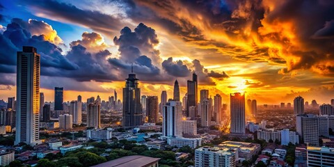 Fototapeta premium Timelapse Silhouette of Bangkok's Busy Cityscape with High-Rise Buildings and Moving Clouds