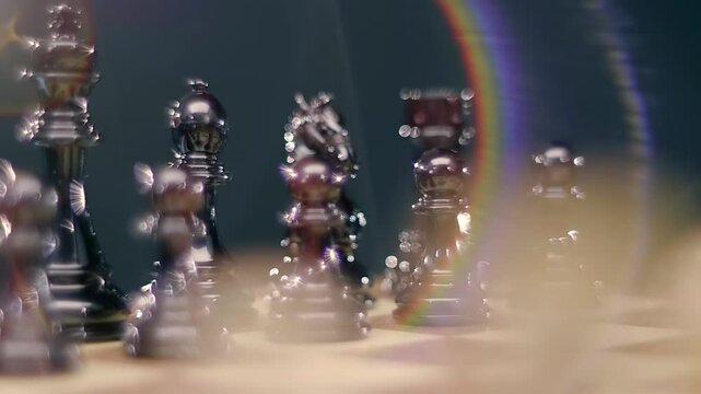 Lacquered chess pieces sparkle in the ray of light and the light source creates a beautiful rainbow flare. Closeup. Shot in motion
