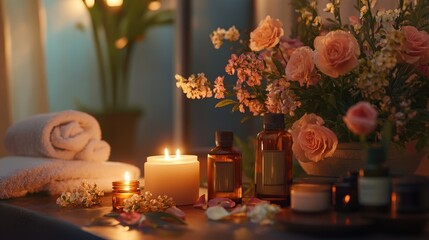Elegant spa arrangement with soft candlelight, floral accents, and essential oils, capturing the beauty of wellness and relaxation