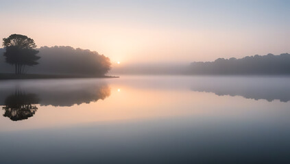 Fototapeta premium sunrise lake fog sky reflecting rural creek misty pond scene