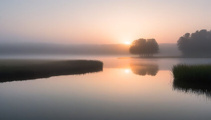 Obraz premium sunrise lake fog sky reflecting rural creek misty pond scene