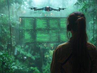 Scientist using AI-controlled drones to monitor data metrics  displaying on digital screen in a forest ecosystem, lush green environment